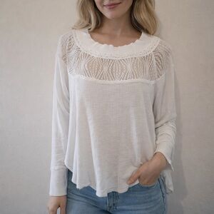 Free People Spring Valley Lace Neckline Waffle Knit Top Womens Size Small